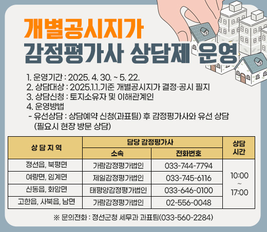개별공시지가 감정평가사 상담제 운영    1. 운영기간 : 2025. 4. 30. ~ 5. 22.   2. 상담대상 : 2025.1.1.기준 개별공시지가 결정·공시 필지   3. 상담신청 : 토지소유자 및 이해관계인   4. 운영방법      - 유선상담 : 상담예약 신청(과표팀) 후 감정평가사와 유선 상담        (필요시 현장 방문 상담)  상 담